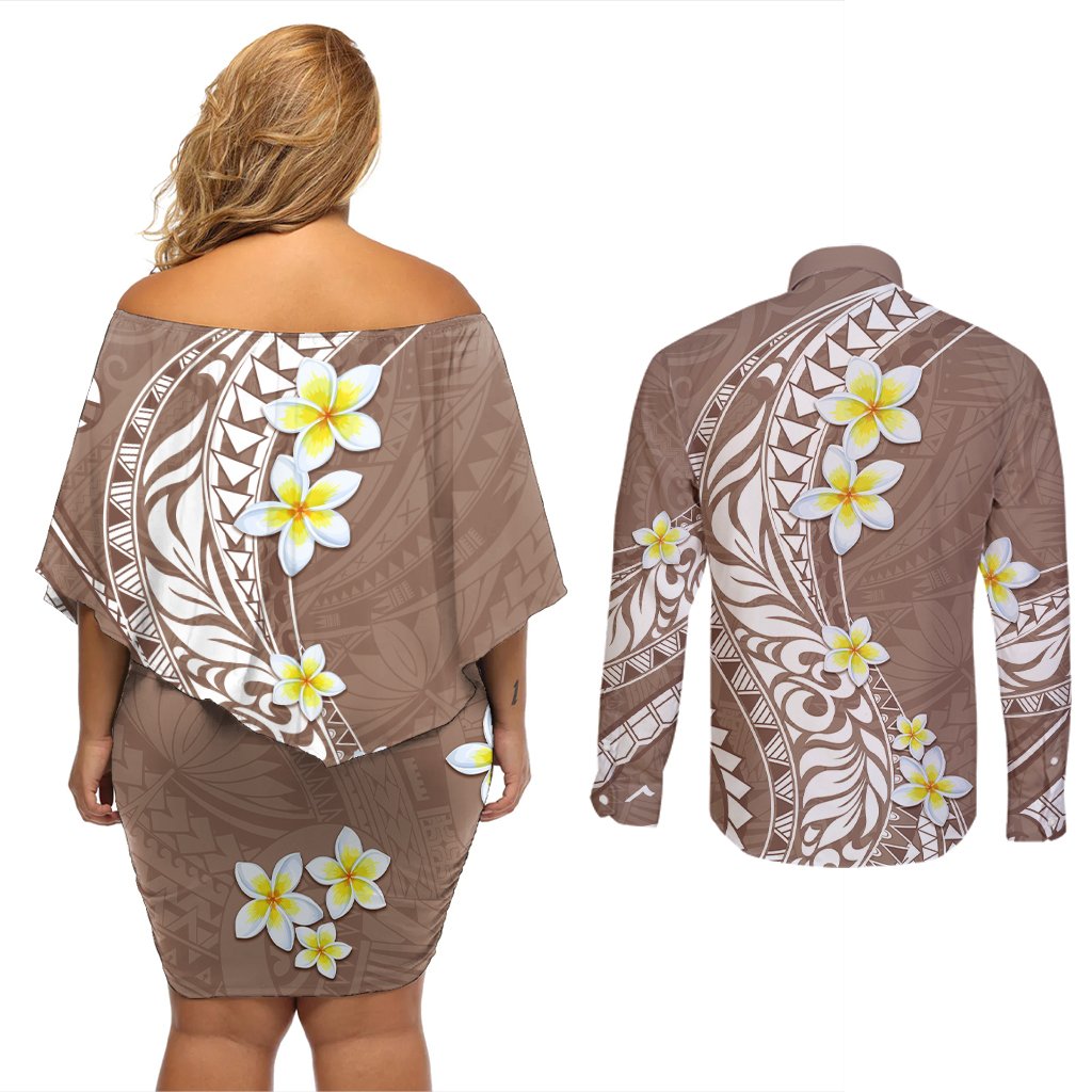 Hawaii Aloha Couples Matching Off Shoulder Short Dress and Long Sleeve Button Shirt Plumeria Vintage - Brown LT7 - Polynesian Pride