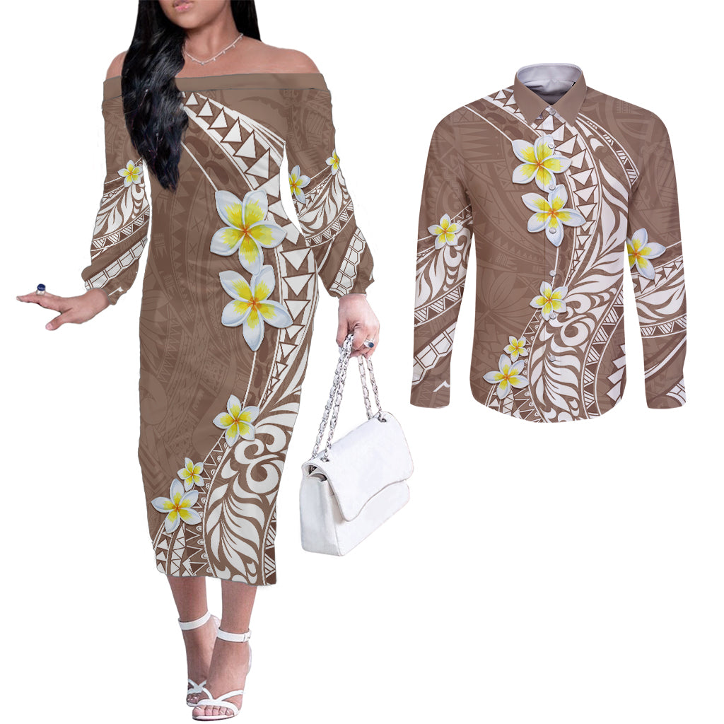 Hawaii Aloha Couples Matching Off The Shoulder Long Sleeve Dress and Long Sleeve Button Shirt Plumeria Vintage - Brown LT7 Brown - Polynesian Pride