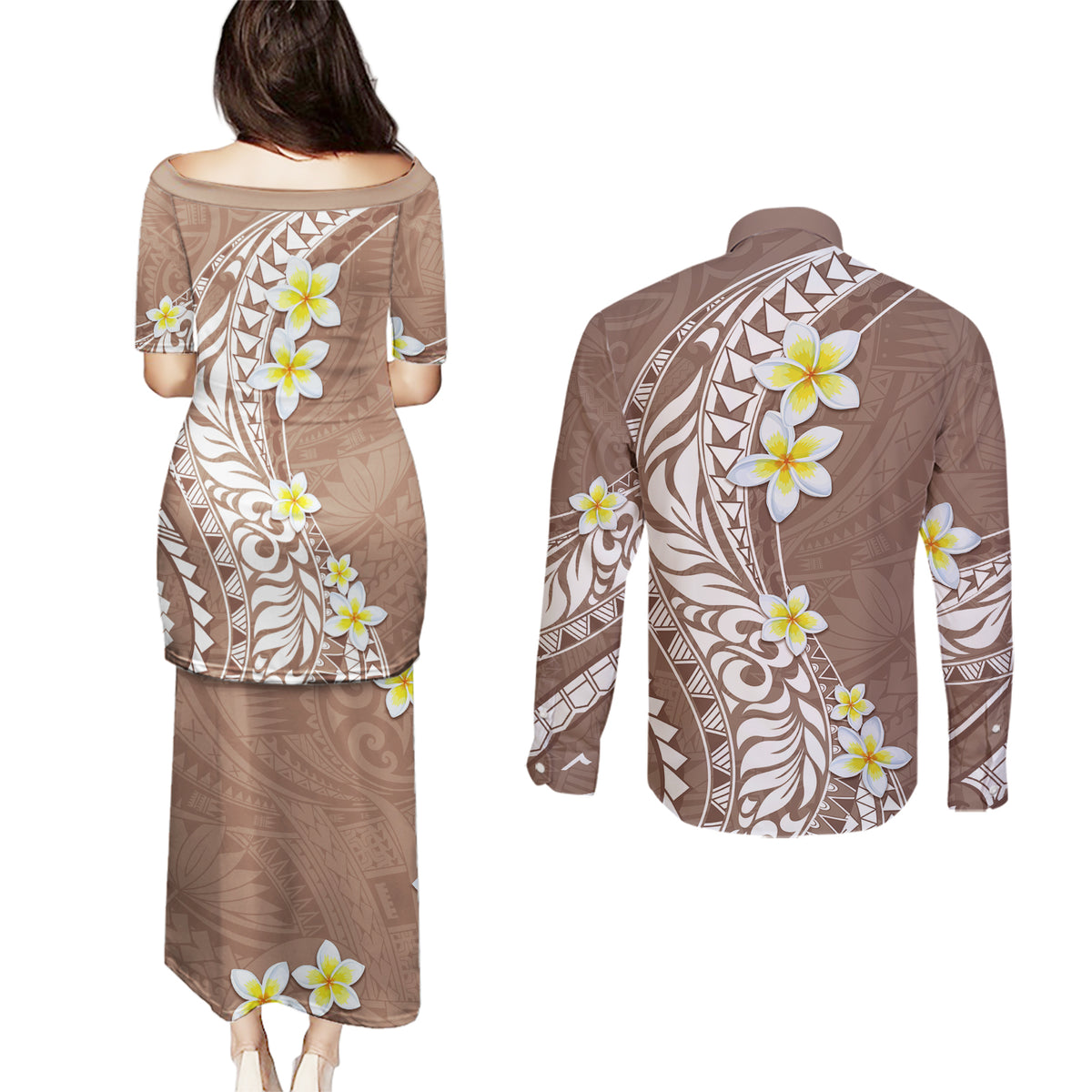 Hawaii Aloha Couples Matching Puletasi Dress and Long Sleeve Button Shirt Plumeria Vintage - Brown LT7 - Polynesian Pride