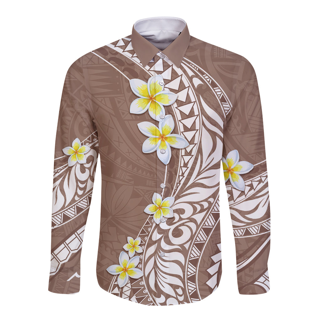 Hawaii Aloha Long Sleeve Button Shirt Plumeria Vintage - Brown LT7 Unisex Brown - Polynesian Pride