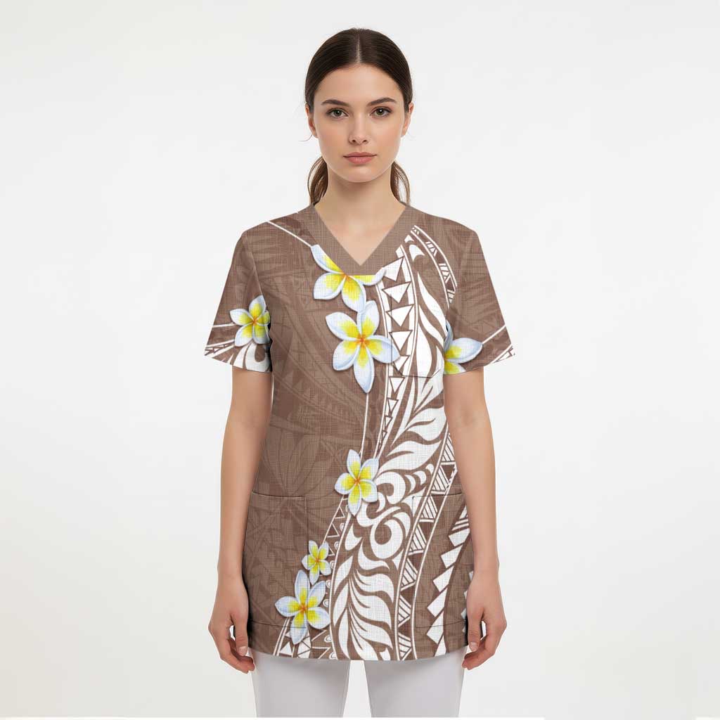 Hawaii Aloha Scrub Top Plumeria Vintage - Brown - Polynesian Pride