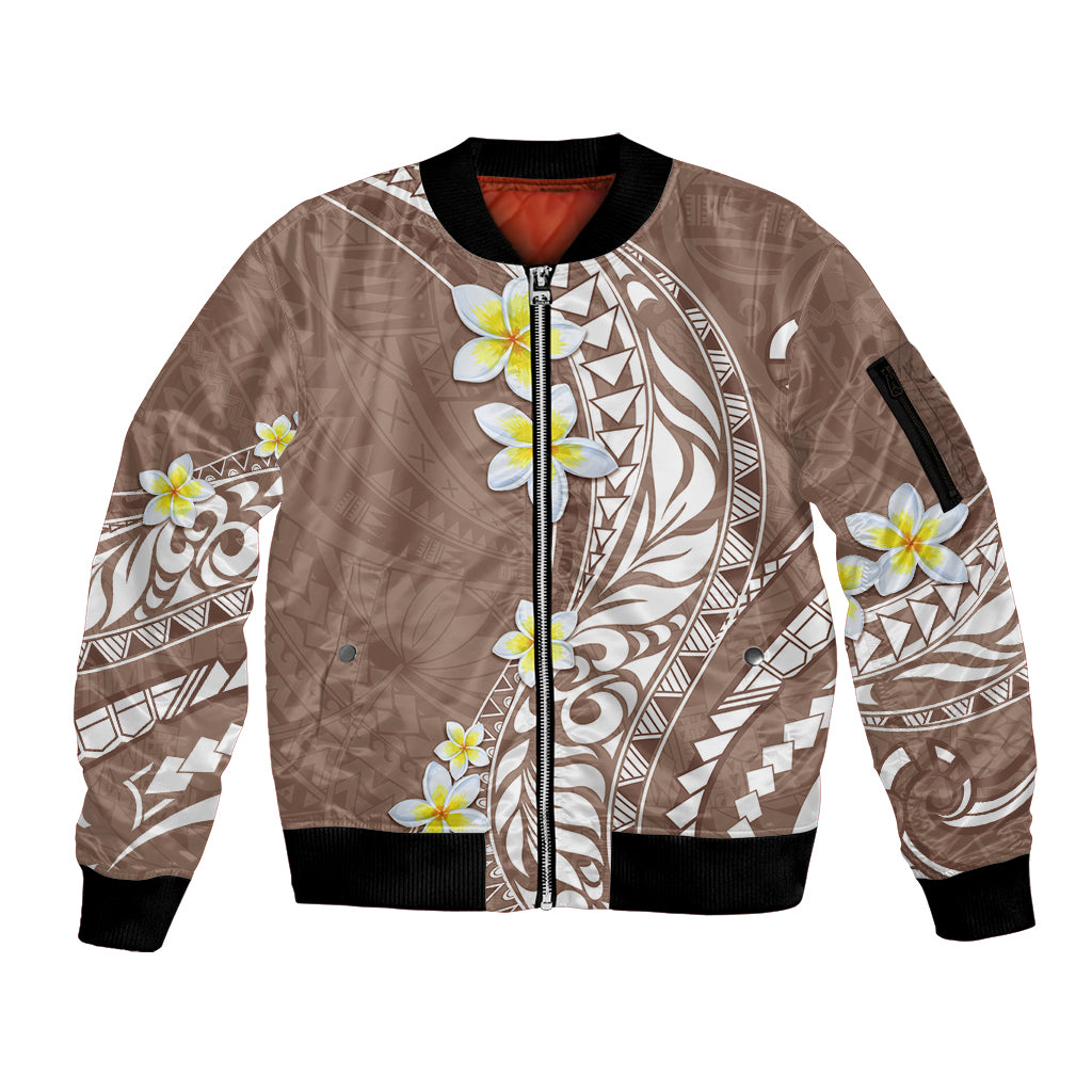 Hawaii Aloha Sleeve Zip Bomber Jacket Plumeria Vintage - Brown LT7 Unisex Brown - Polynesian Pride