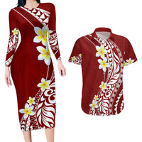 Hawaii Aloha Couples Matching Long Sleeve Bodycon Dress and Hawaiian Shirt Plumeria Vintage - Crimson LT7 Crimson - Polynesian Pride