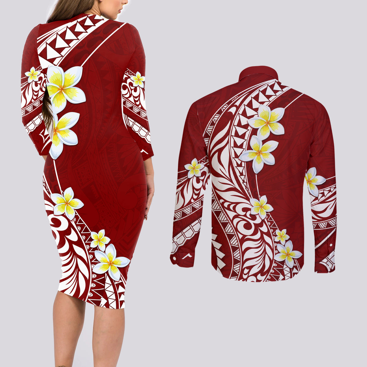 Hawaii Aloha Couples Matching Long Sleeve Bodycon Dress and Long Sleeve Button Shirt Plumeria Vintage - Crimson LT7 - Polynesian Pride