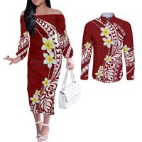 Hawaii Aloha Couples Matching Off The Shoulder Long Sleeve Dress and Long Sleeve Button Shirt Plumeria Vintage - Crimson LT7 Crimson - Polynesian Pride