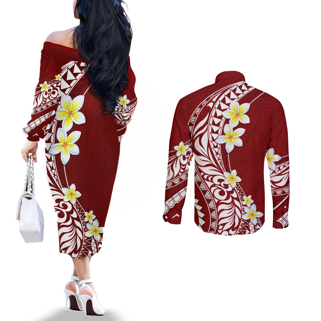 Hawaii Aloha Couples Matching Off The Shoulder Long Sleeve Dress and Long Sleeve Button Shirt Plumeria Vintage - Crimson LT7 - Polynesian Pride