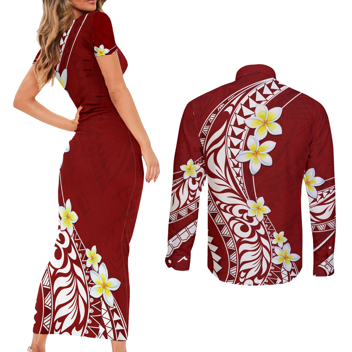 Hawaii Aloha Couples Matching Short Sleeve Bodycon Dress and Long Sleeve Button Shirt Plumeria Vintage - Crimson LT7 - Polynesian Pride
