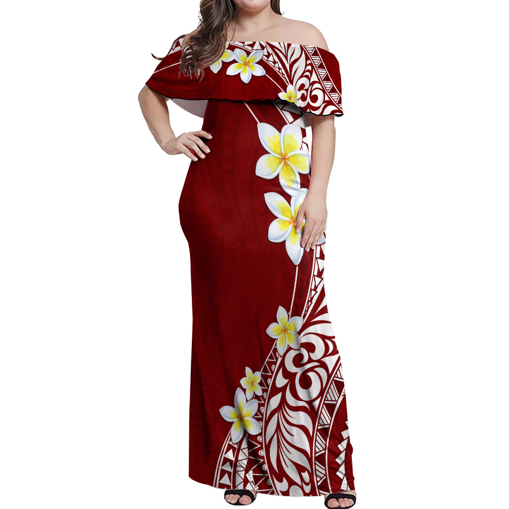 Hawaii Aloha Off Shoulder Maxi Dress Plumeria Vintage - Crimson LT7 Women Crimson - Polynesian Pride