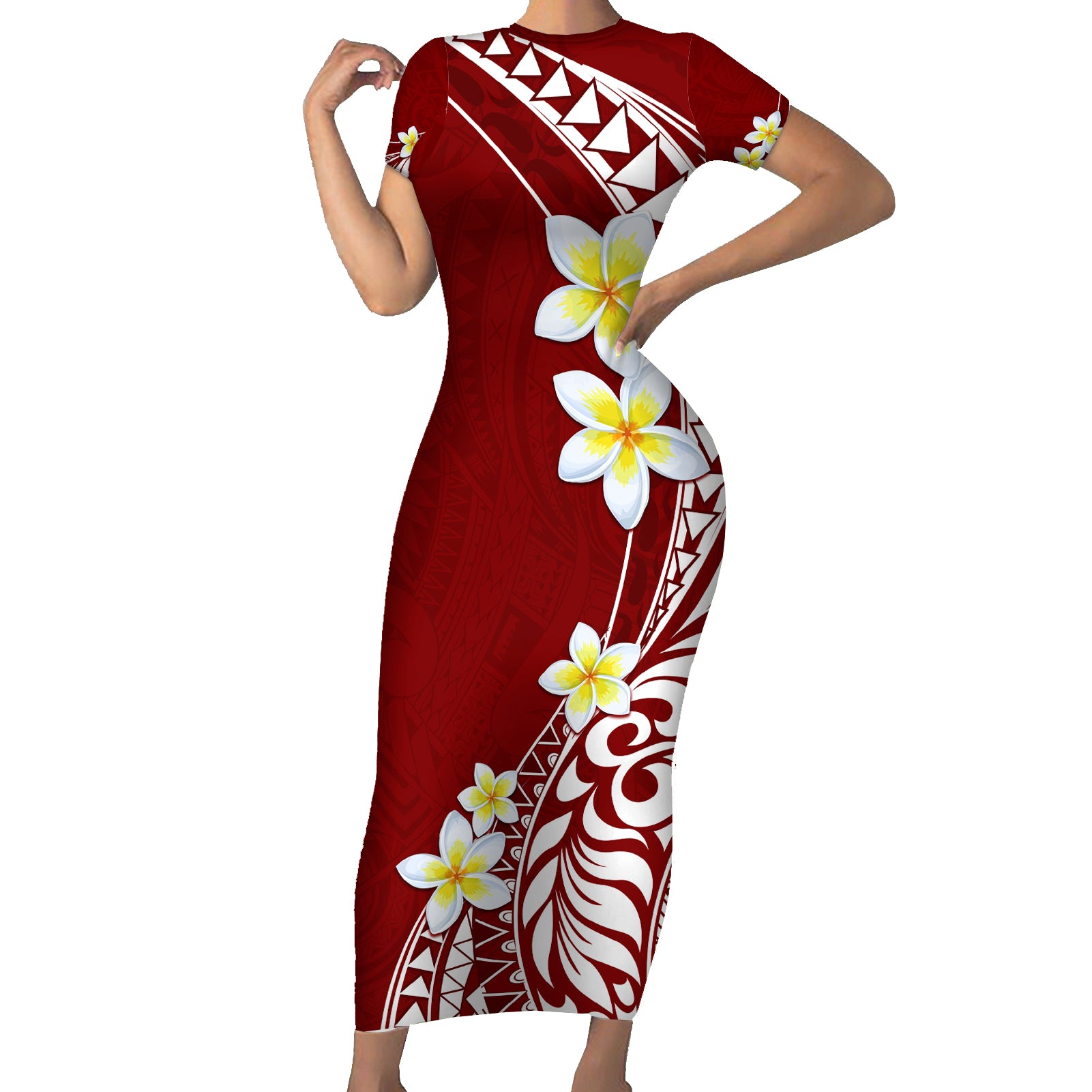 Hawaii Aloha Short Sleeve Bodycon Dress Plumeria Vintage - Crimson LT7 Long Dress Crimson - Polynesian Pride