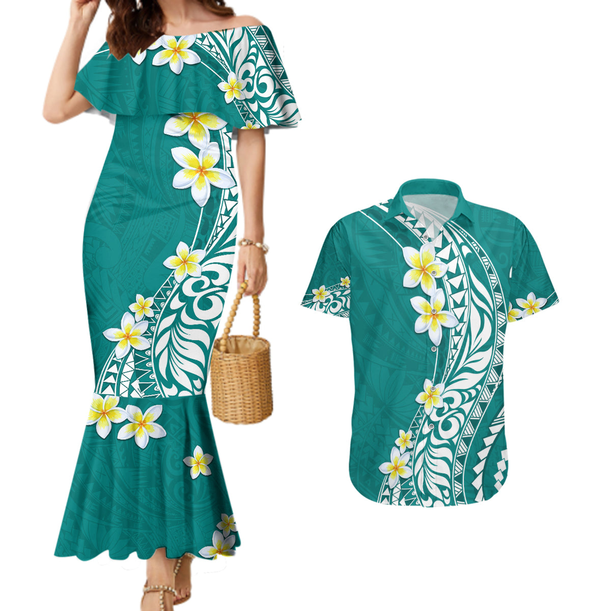 Hawaii Aloha Couples Matching Mermaid Dress and Hawaiian Shirt Plumeria Vintage - Teal LT7 Teal - Polynesian Pride