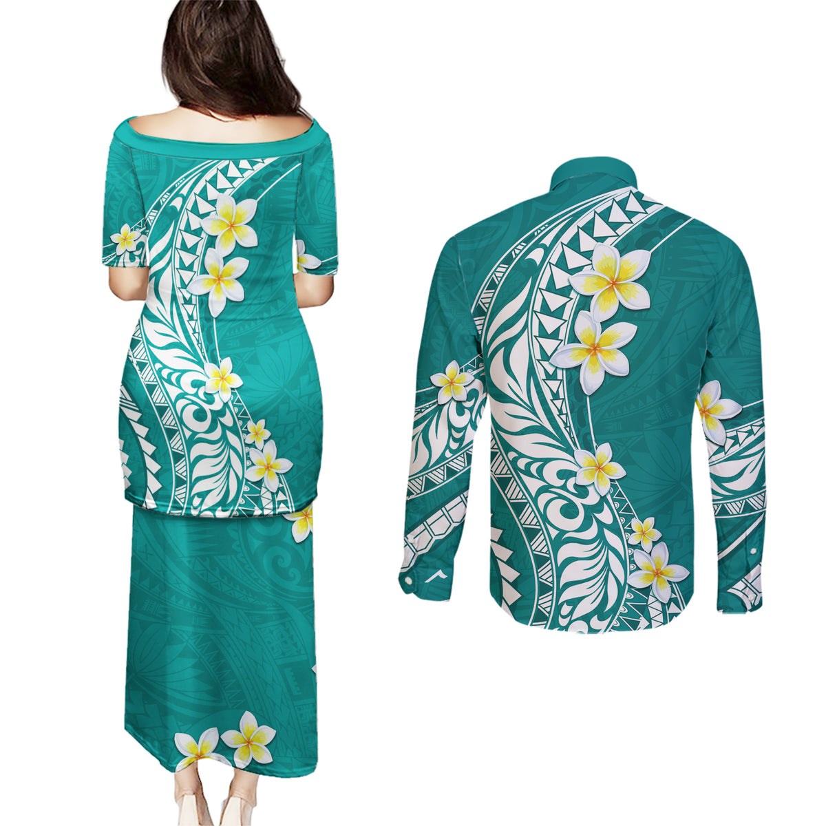 Hawaii Aloha Couples Matching Puletasi Dress and Long Sleeve Button Shirt Plumeria Vintage - Teal LT7 - Polynesian Pride