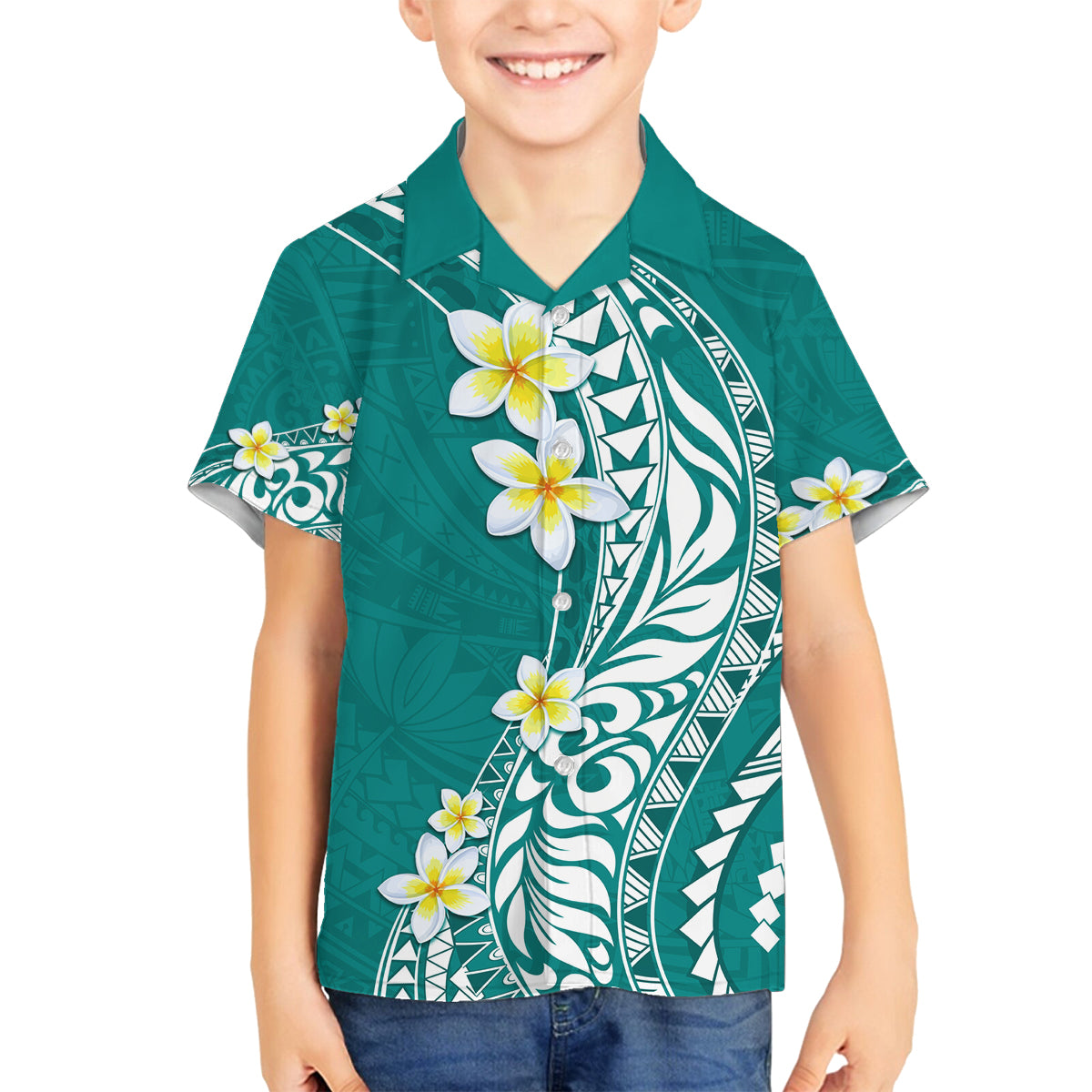 Hawaii Aloha Family Matching Off Shoulder Long Sleeve Dress and Hawaiian Shirt Plumeria Vintage - Teal LT7 Son's Shirt Teal - Polynesian Pride