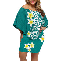 Hawaii Aloha Family Matching Off Shoulder Short Dress and Hawaiian Shirt Plumeria Vintage - Teal LT7 Mom's Dress Teal - Polynesian Pride