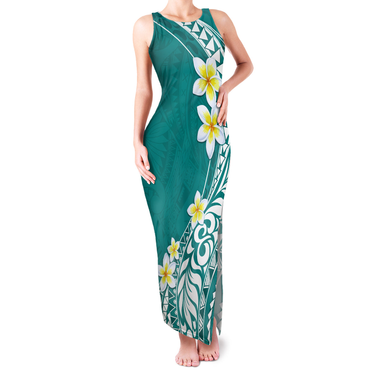 Hawaii Aloha Family Matching Tank Maxi Dress and Hawaiian Shirt Plumeria Vintage - Teal LT7 Mom's Dress Teal - Polynesian Pride