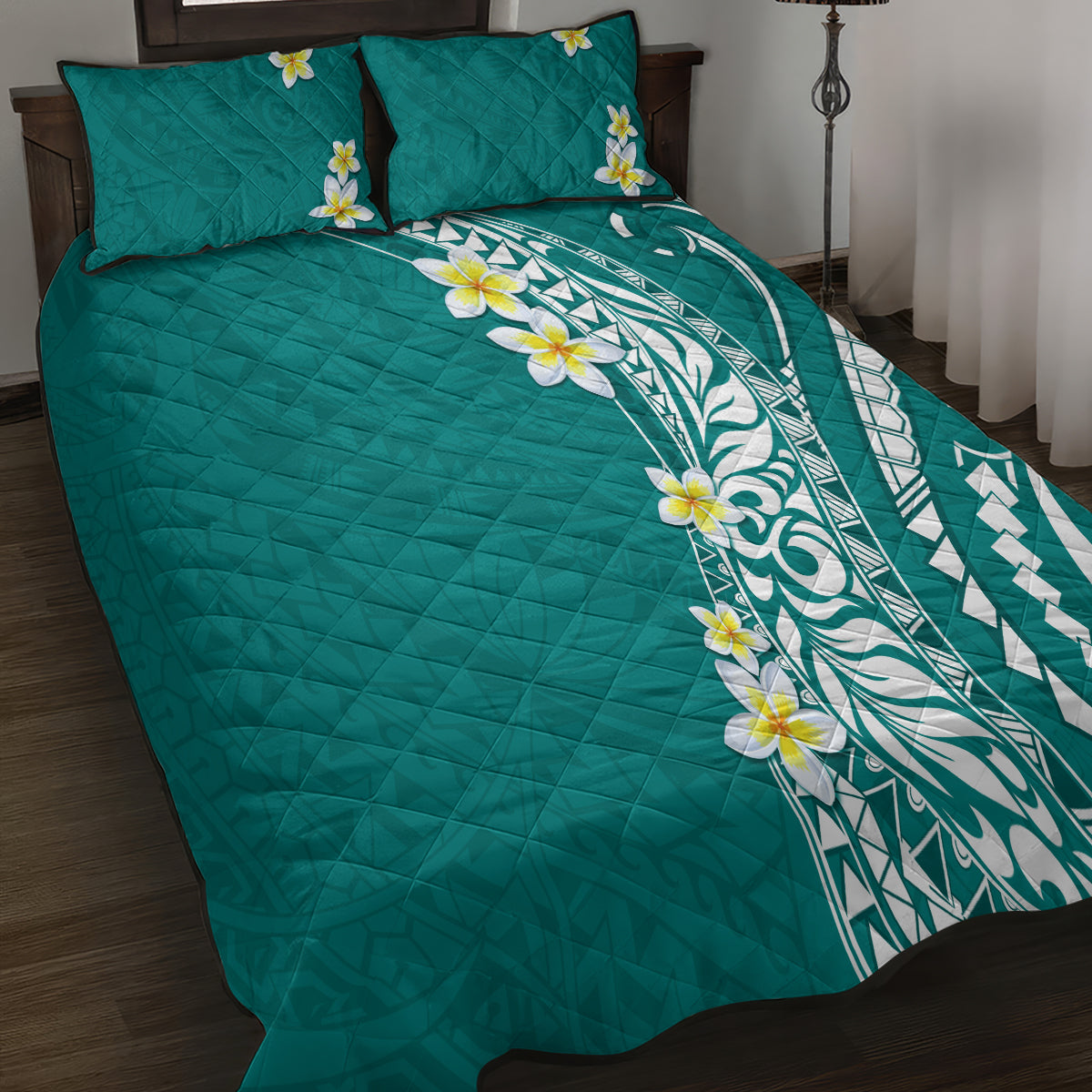 Hawaii Aloha Quilt Bed Set Plumeria Vintage - Teal LT7 - Polynesian Pride