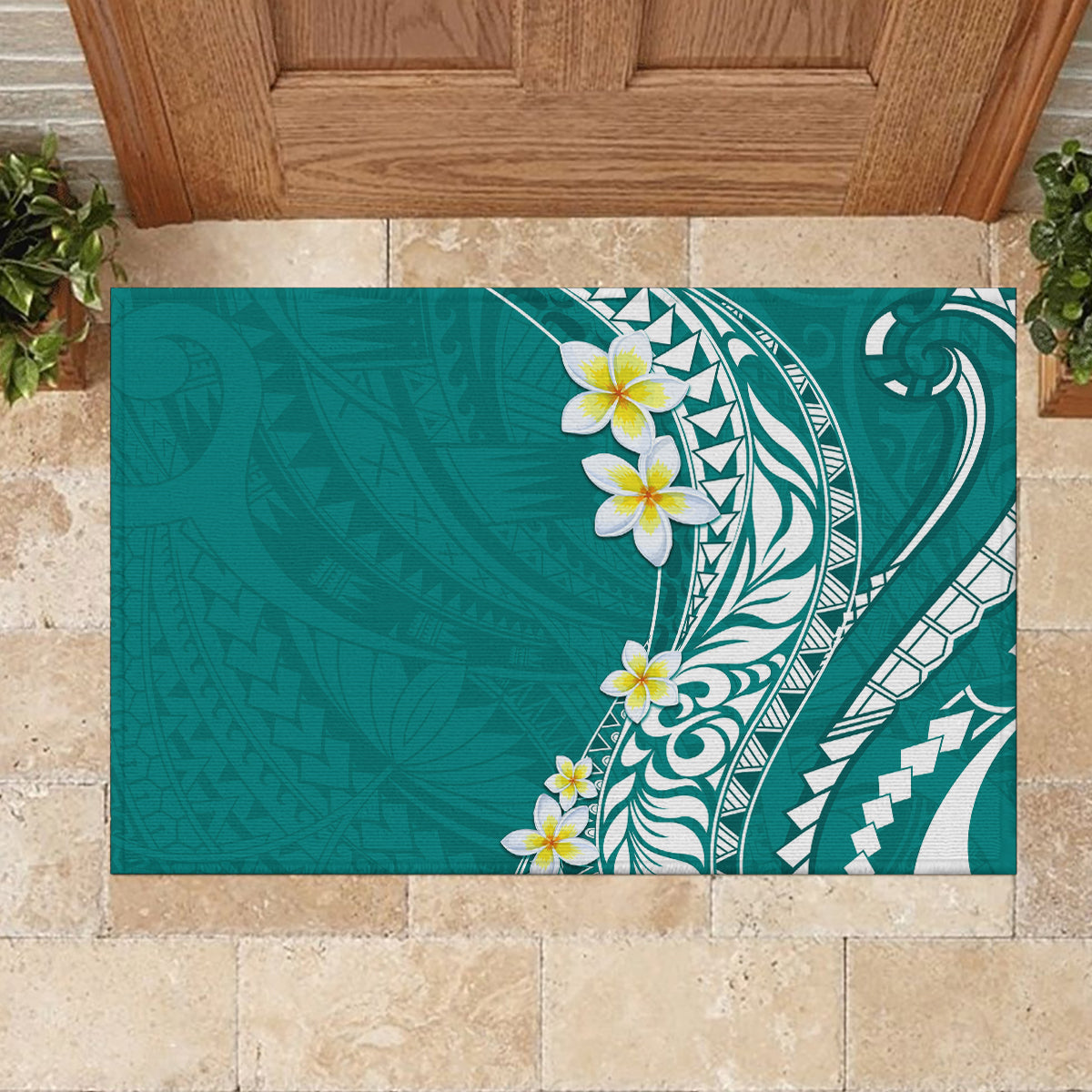 Hawaii Aloha Rubber Doormat Plumeria Vintage - Teal LT7 - Polynesian Pride