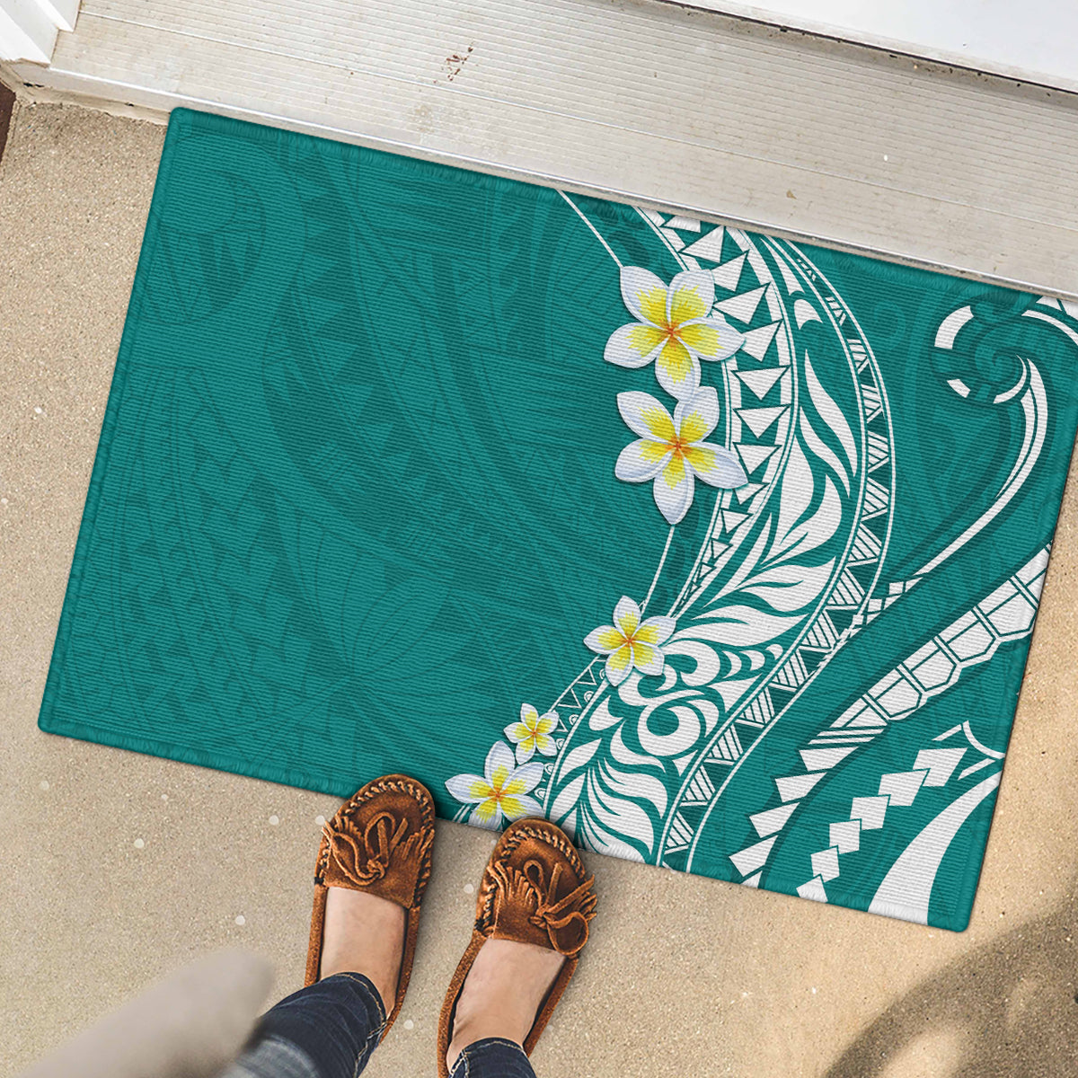 Hawaii Aloha Rubber Doormat Plumeria Vintage - Teal LT7 - Polynesian Pride