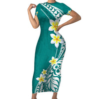 Hawaii Aloha Short Sleeve Bodycon Dress Plumeria Vintage - Teal LT7 Long Dress Teal - Polynesian Pride