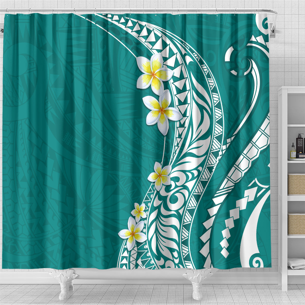 Hawaii Aloha Shower Curtain Plumeria Vintage - Teal LT7 - Polynesian Pride
