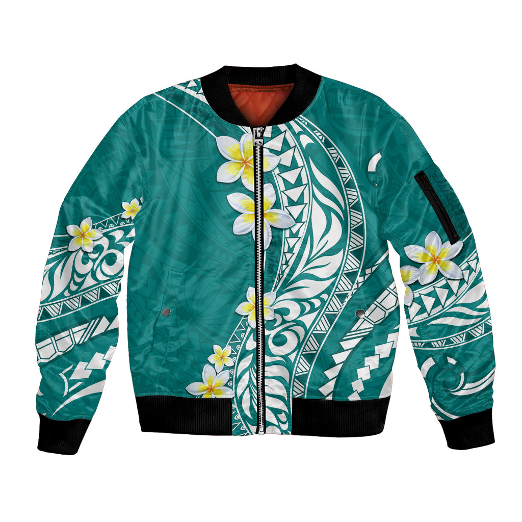 Hawaii Aloha Sleeve Zip Bomber Jacket Plumeria Vintage - Teal LT7 Unisex Teal - Polynesian Pride