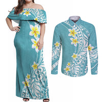 Hawaii Aloha Couples Matching Off Shoulder Maxi Dress and Long Sleeve Button Shirt Plumeria Vintage - Turquoise LT7 Turquoise - Polynesian Pride
