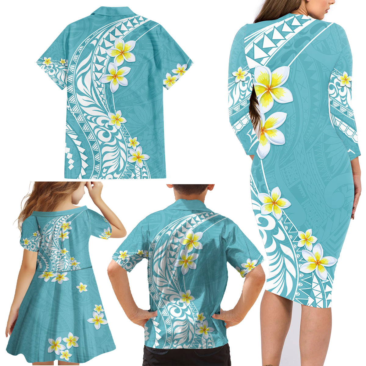 Hawaii Aloha Family Matching Long Sleeve Bodycon Dress and Hawaiian Shirt Plumeria Vintage - Turquoise LT7 - Polynesian Pride