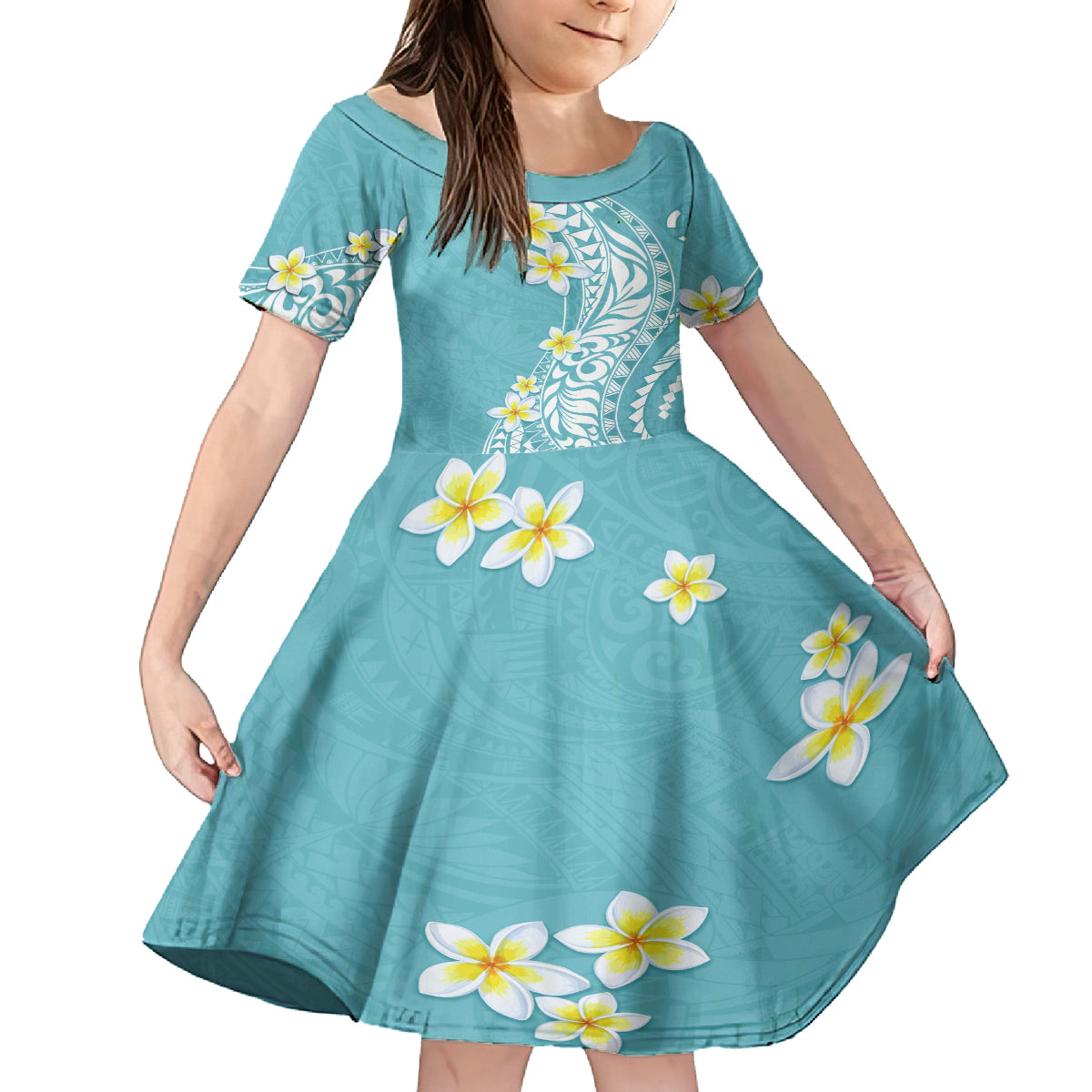 Hawaii Aloha Family Matching Off Shoulder Maxi Dress and Hawaiian Shirt Plumeria Vintage - Turquoise LT7 Daughter's Dress Turquoise - Polynesian Pride