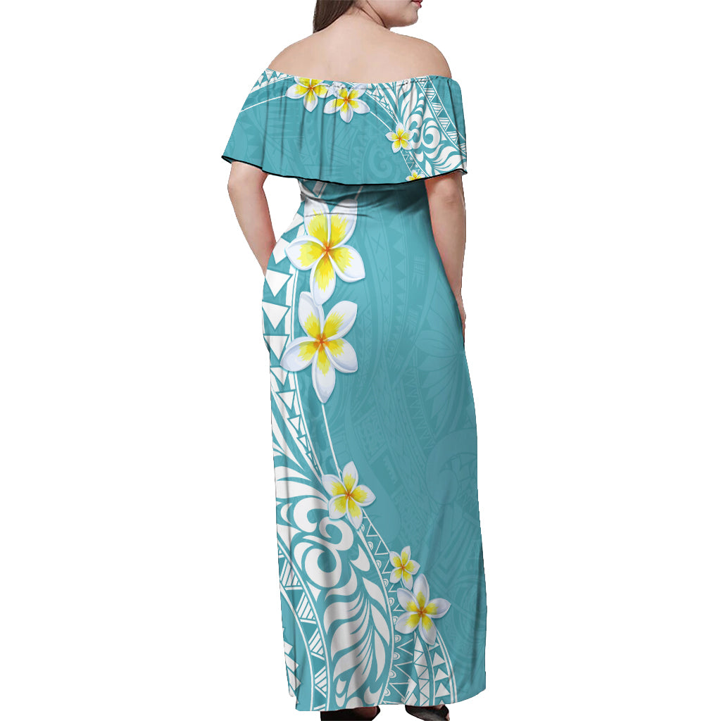 Hawaii Aloha Off Shoulder Maxi Dress Plumeria Vintage - Turquoise LT7 - Polynesian Pride
