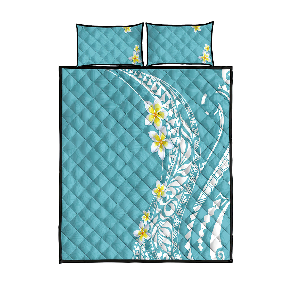 Hawaii Aloha Quilt Bed Set Plumeria Vintage - Turquoise LT7 Turquoise - Polynesian Pride