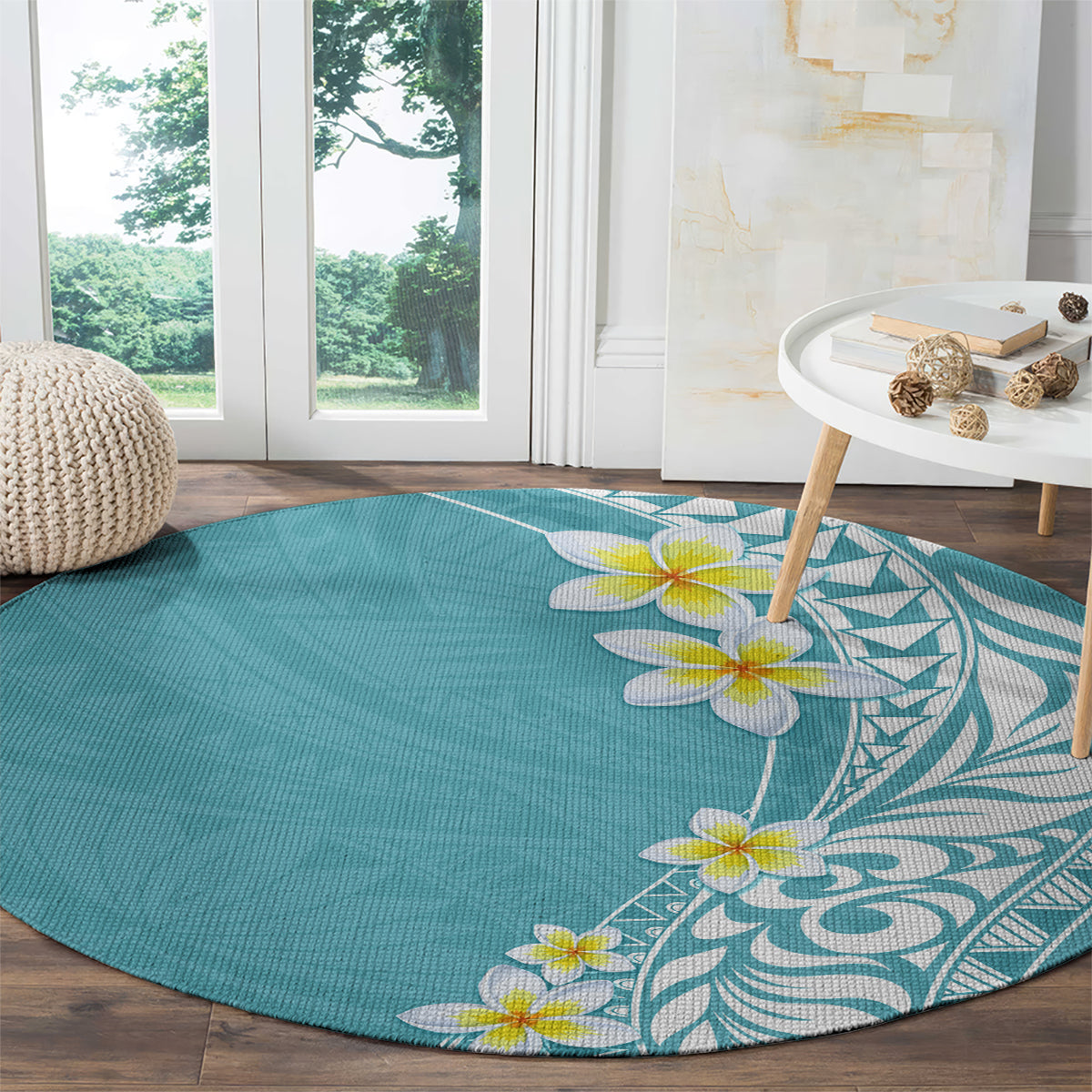 Hawaii Aloha Round Carpet Plumeria Vintage - Turquoise LT7 - Polynesian Pride