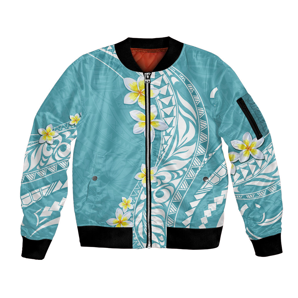 Hawaii Aloha Sleeve Zip Bomber Jacket Plumeria Vintage - Turquoise LT7 Unisex Turquoise - Polynesian Pride