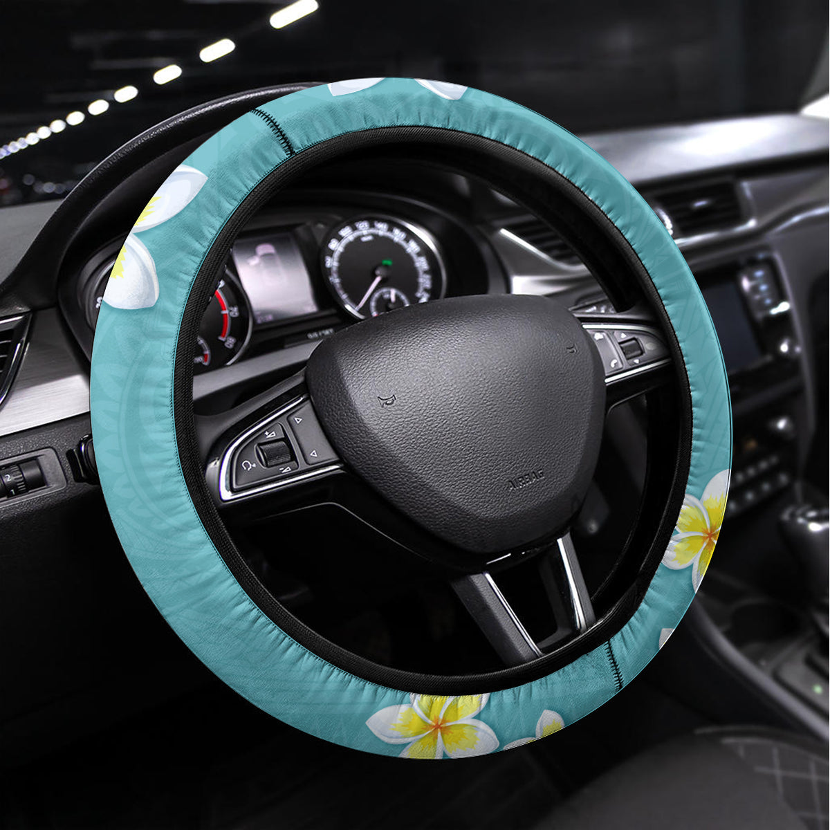 Hawaii Aloha Steering Wheel Cover Plumeria Vintage - Turquoise LT7 Universal Fit Turquoise - Polynesian Pride