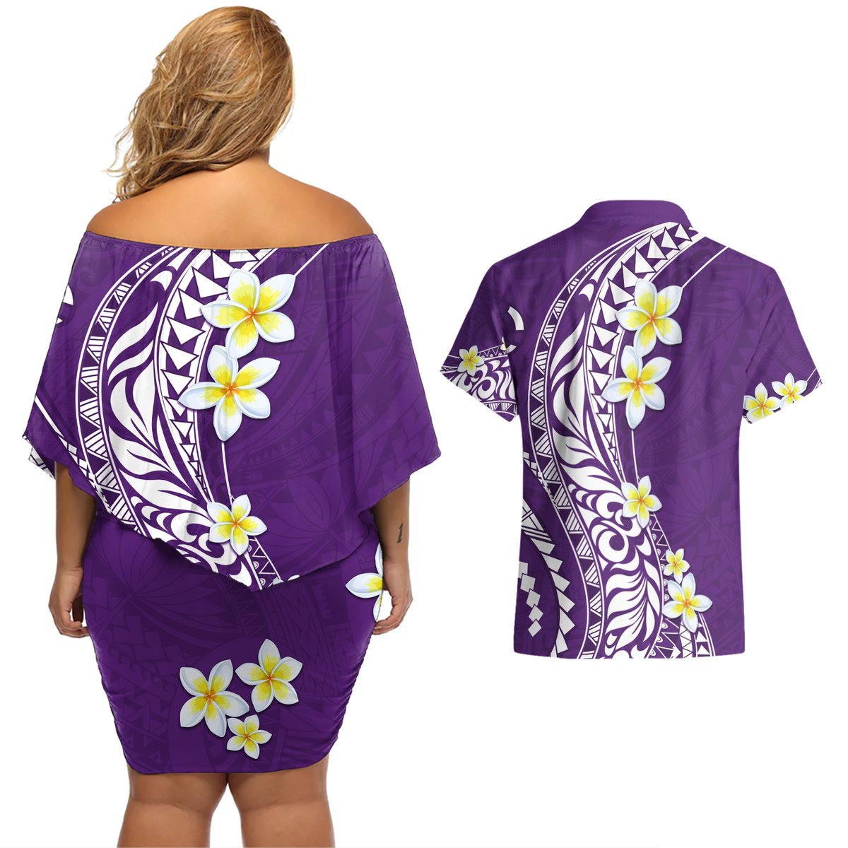 Hawaii Aloha Couples Matching Off Shoulder Short Dress and Hawaiian Shirt Plumeria Vintage - Violet LT7 - Polynesian Pride