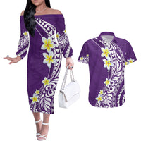 Hawaii Aloha Couples Matching Off The Shoulder Long Sleeve Dress and Hawaiian Shirt Plumeria Vintage - Violet LT7 Violet - Polynesian Pride