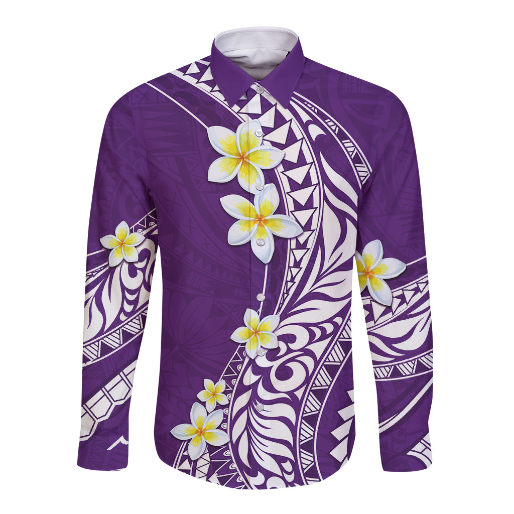 Hawaii Aloha Long Sleeve Button Shirt Plumeria Vintage - Violet LT7 Unisex Violet - Polynesian Pride