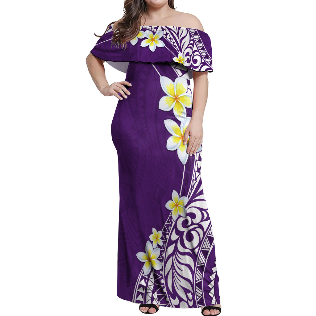 Hawaii Aloha Off Shoulder Maxi Dress Plumeria Vintage - Violet LT7 Women Violet - Polynesian Pride