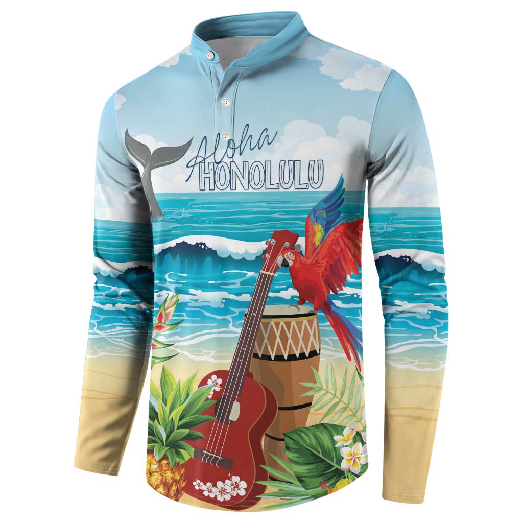 Aloha Honolulu Festival Button Sweatshirt Ukulele By The Shore