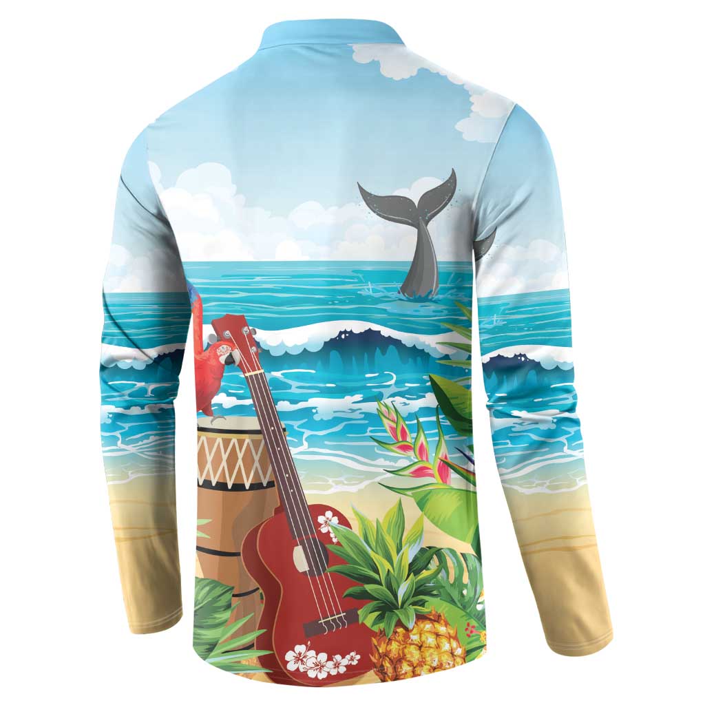 Aloha Honolulu Festival Button Sweatshirt Ukulele By The Shore