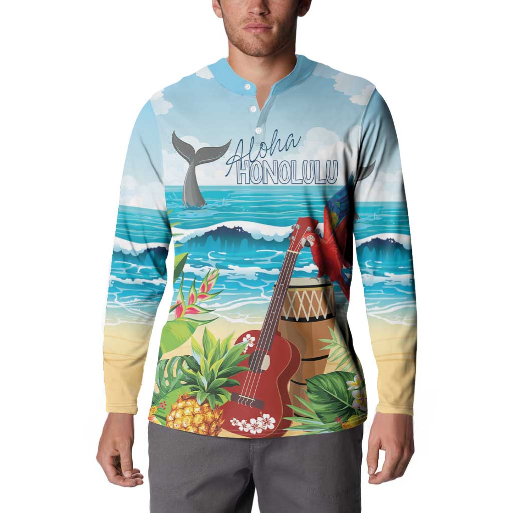Aloha Honolulu Festival Button Sweatshirt Ukulele By The Shore