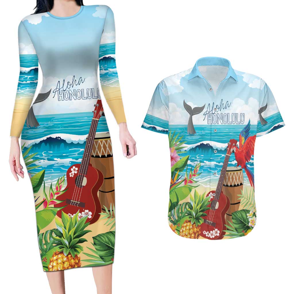 Aloha Honolulu Festival Couples Matching Long Sleeve Bodycon Dress and Hawaiian Shirt Ukulele By The Shore
