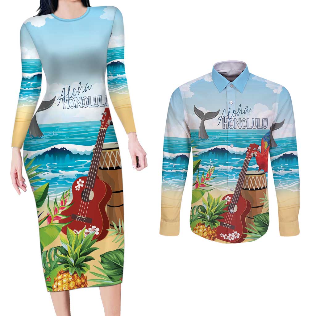Aloha Honolulu Festival Couples Matching Long Sleeve Bodycon Dress and Long Sleeve Button Shirt Ukulele By The Shore LT7 Art - Polynesian Pride