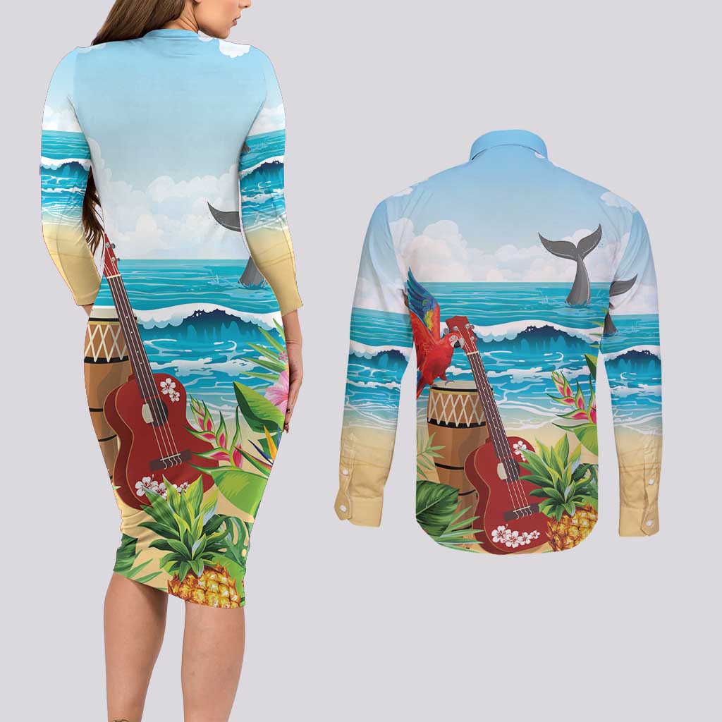Aloha Honolulu Festival Couples Matching Long Sleeve Bodycon Dress and Long Sleeve Button Shirt Ukulele By The Shore LT7 - Polynesian Pride