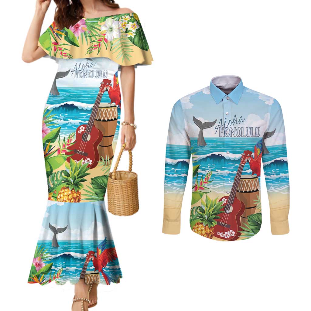 Aloha Honolulu Festival Couples Matching Mermaid Dress and Long Sleeve Button Shirt Ukulele By The Shore LT7 Art - Polynesian Pride