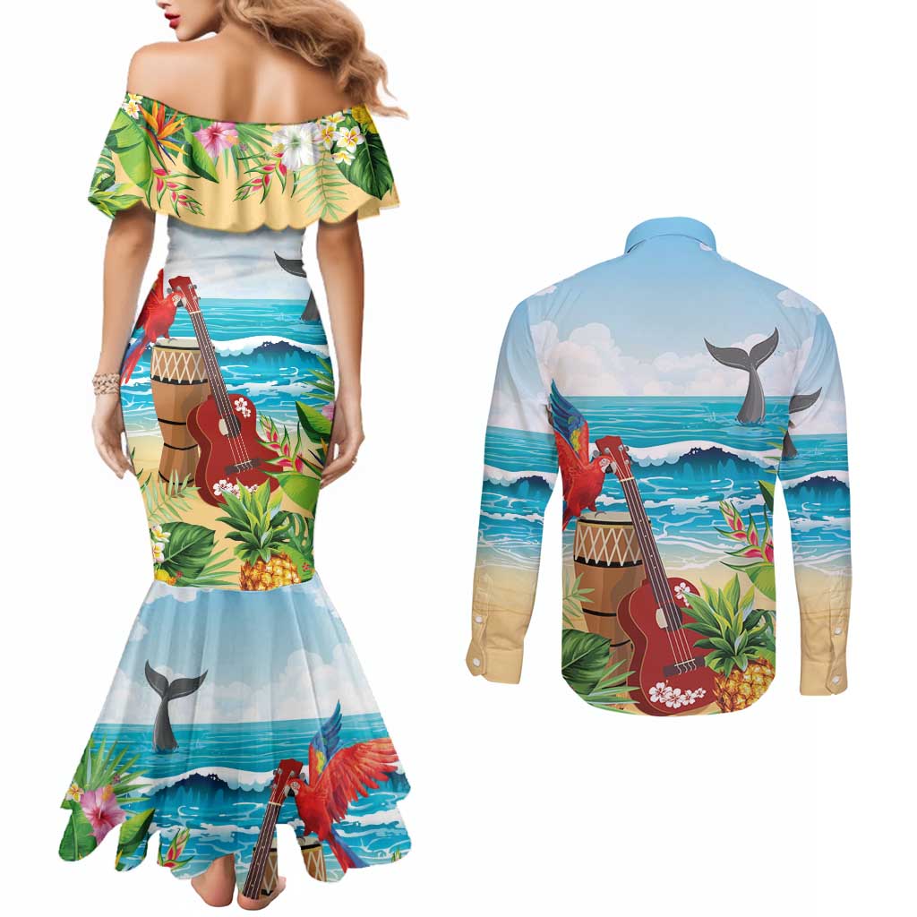 Aloha Honolulu Festival Couples Matching Mermaid Dress and Long Sleeve Button Shirt Ukulele By The Shore LT7 - Polynesian Pride