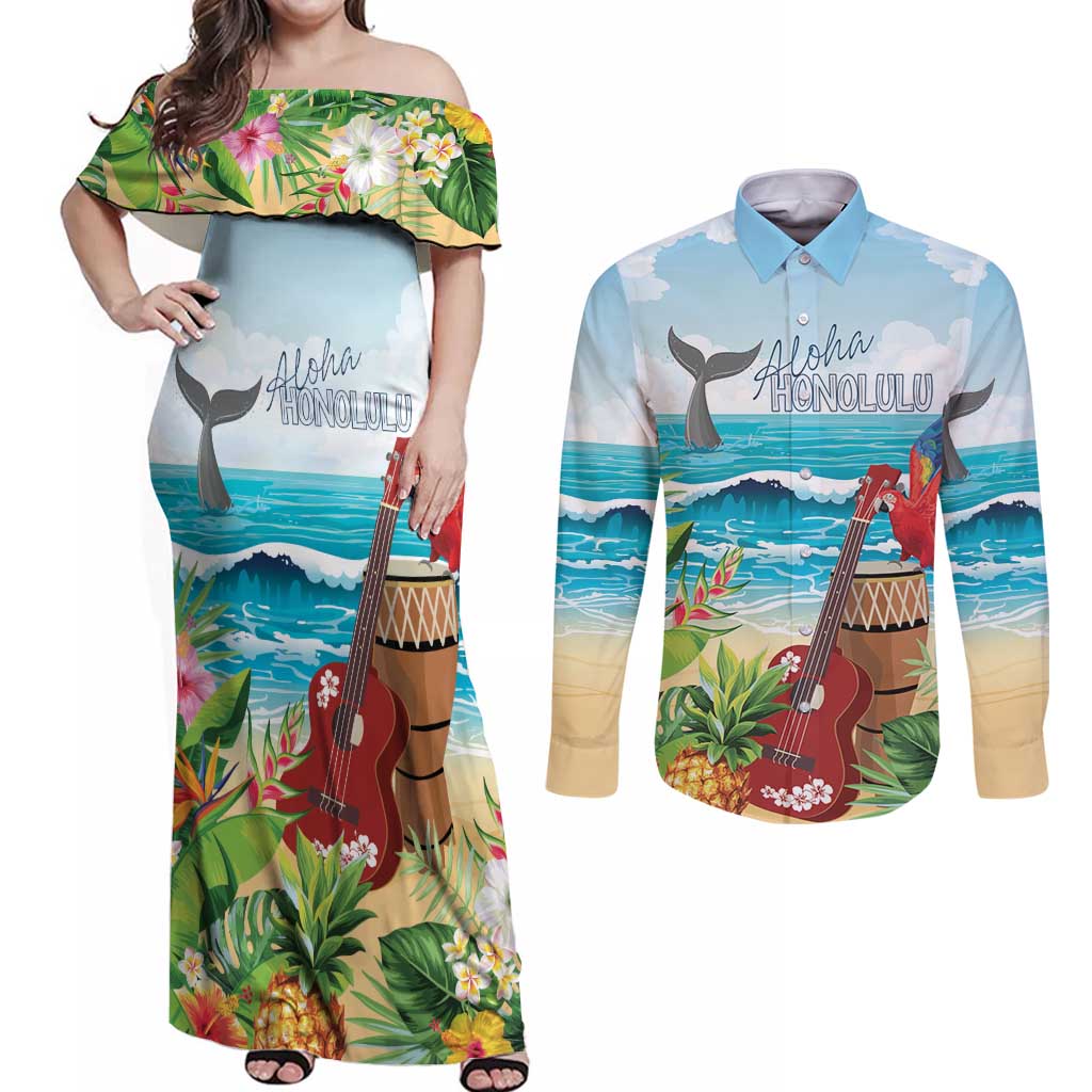 Aloha Honolulu Festival Couples Matching Off Shoulder Maxi Dress and Long Sleeve Button Shirt Ukulele By The Shore LT7 Art - Polynesian Pride