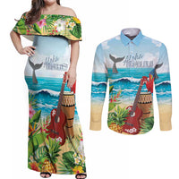 Aloha Honolulu Festival Couples Matching Off Shoulder Maxi Dress and Long Sleeve Button Shirt Ukulele By The Shore LT7 Art - Polynesian Pride