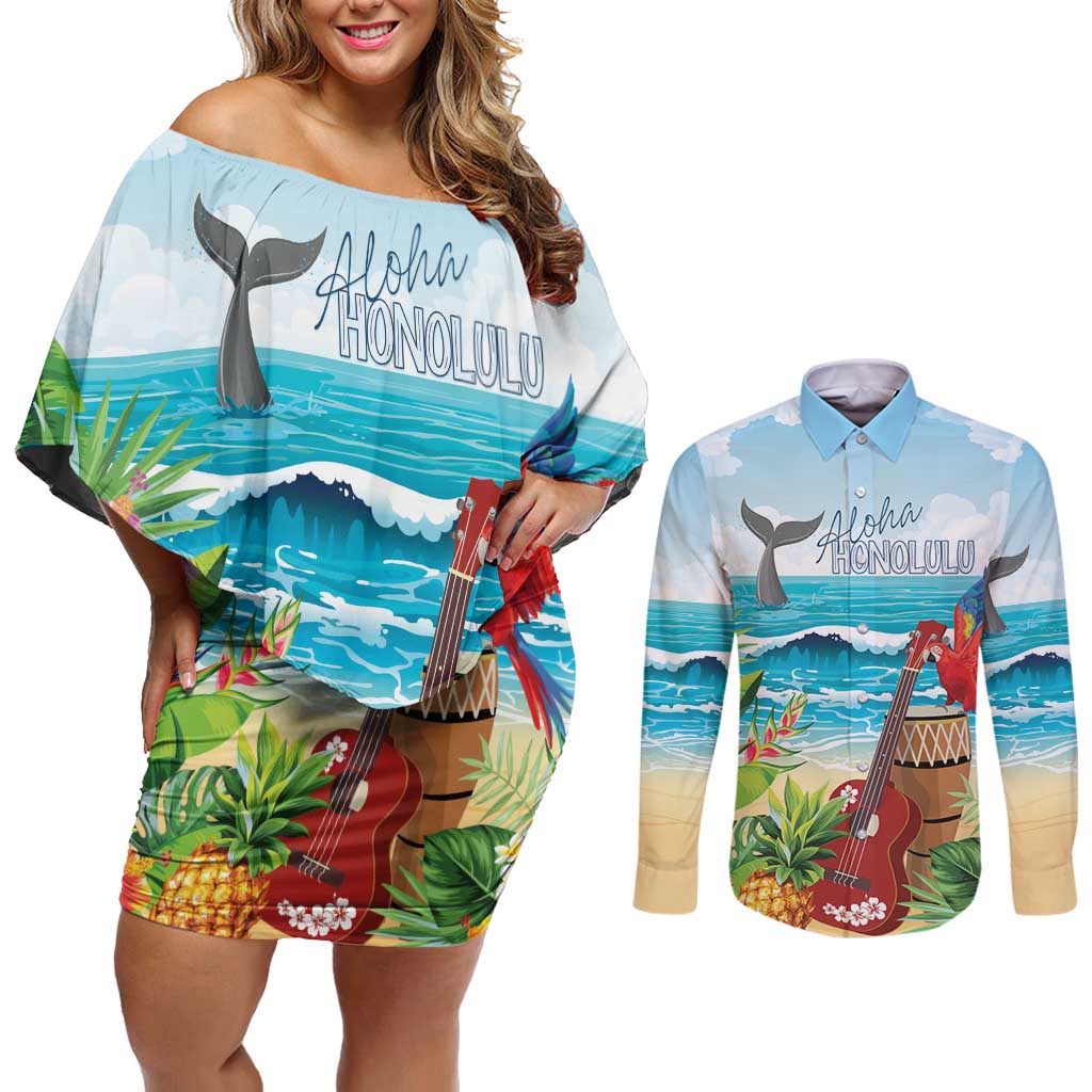 Aloha Honolulu Festival Couples Matching Off Shoulder Short Dress and Long Sleeve Button Shirt Ukulele By The Shore LT7 Art - Polynesian Pride
