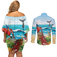 Aloha Honolulu Festival Couples Matching Off Shoulder Short Dress and Long Sleeve Button Shirt Ukulele By The Shore LT7 - Polynesian Pride