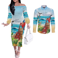 Aloha Honolulu Festival Couples Matching Off The Shoulder Long Sleeve Dress and Long Sleeve Button Shirt Ukulele By The Shore LT7 Art - Polynesian Pride