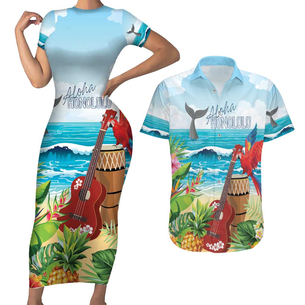 Aloha Honolulu Festival Couples Matching Short Sleeve Bodycon Dress and Hawaiian Shirt Ukulele By The Shore